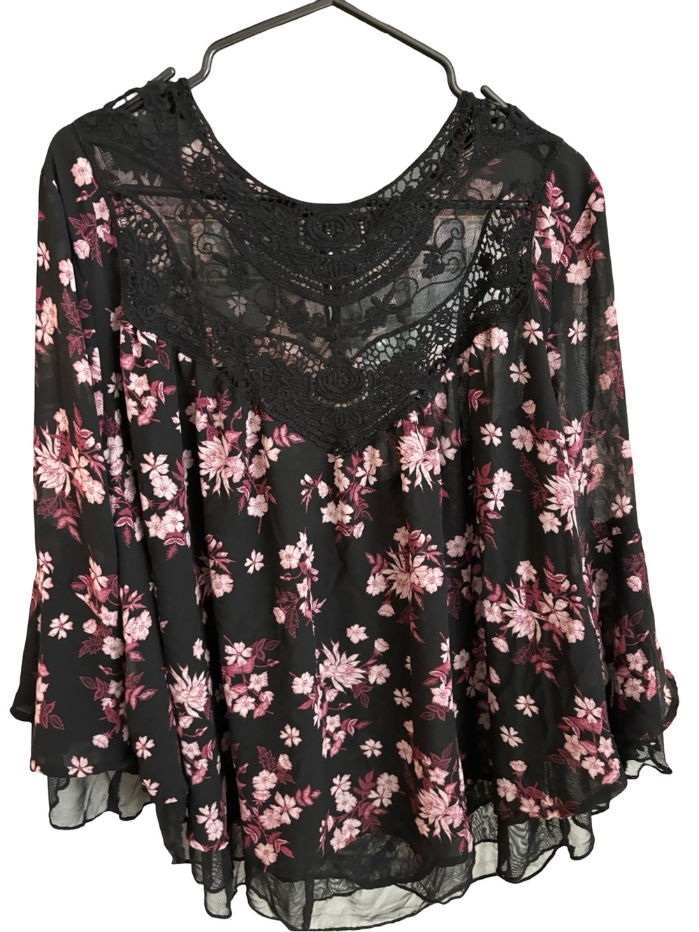 Floral Lace Mesh Chiffon Yoke Blouse - Pink & Black Floral Boho Fairy Top 1XL